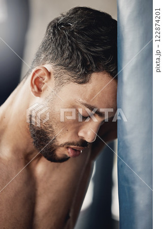 Tired, challenge and sad boxing man break, quit and training fatigue. Frustrated loser, stress fail and depression mma fighter breathing in gym club, wrestling athlete weakness and boxer combat sport 122874201