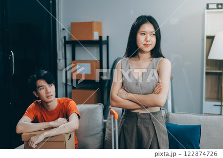 Stressed young married family couple arguing, blaming each other Stressed young married family couple arguing, blaming each other 122874726
