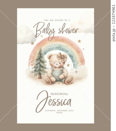 Watercolor baby shower invitation. Greeting card with teddy bear, rainbow, clouds and stars. Watercolor baby shower invitation. Greeting card with teddy bear, rainbow, clouds and stars. 122874961