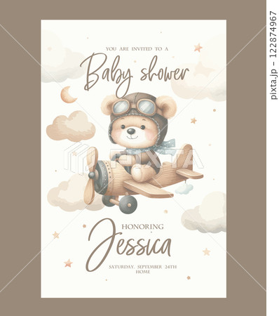 Watercolor invitation card for baby shower with a pilot bear on an airplane. Watercolor invitation card for baby shower with a pilot bear on an airplane. 122874967