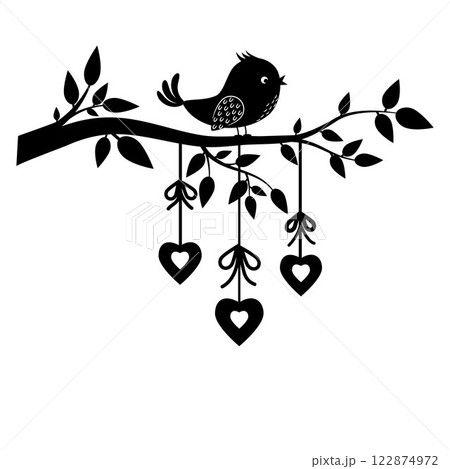 Bird on a branch with a garland of hearts, black silhouette 122874972