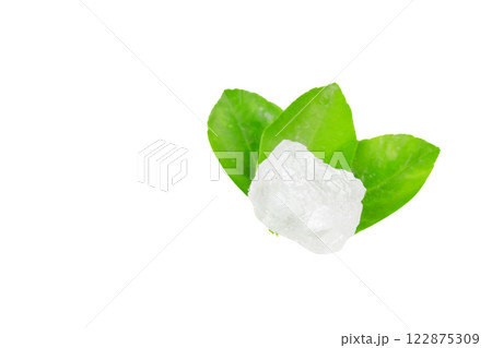 Pieces of alum stone on green leaf against white background. This image emphasizes the connection between natural minerals and plant based ingredients in traditional practices and holistic wellness. 122875309