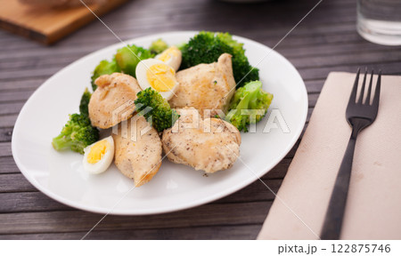 Chicken breast with broccoli and quail eggs on plate for healthy dinner Chicken breast with broccoli and quail eggs on plate for healthy dinner 122875746
