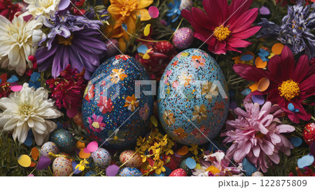 Colorful Easter eggs surrounded by vibrant flowers and confetti create festive mood 122875809