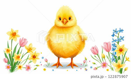 A yellow cheerful little chicken in the center of the composition on a white background. A yellow cheerful little chicken in the center of the composition on a white background. 122875907
