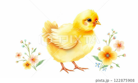 A yellow cheerful little chicken in the center of the composition on a white background. A yellow cheerful little chicken in the center of the composition on a white background. 122875908