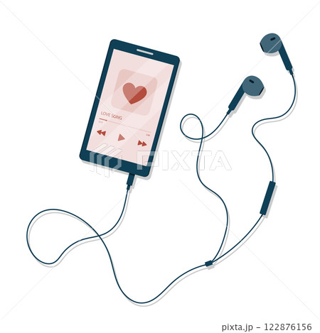 Love song. Music player on mobile phone screen with earphones. Vector illustration. Flat cartoon style. Love song. Music player on mobile phone screen with earphones. Vector illustration. Flat cartoon style. 122876156