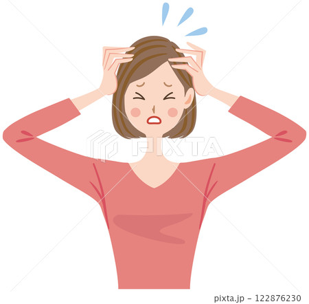 頭を抱える女性のイラスト　頭痛　パニック 122876230