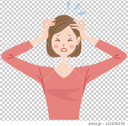 頭を抱える女性のイラスト　頭痛　パニック 122876230