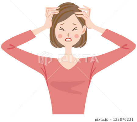 頭を抱える女性のイラスト　頭痛　パニック 122876231