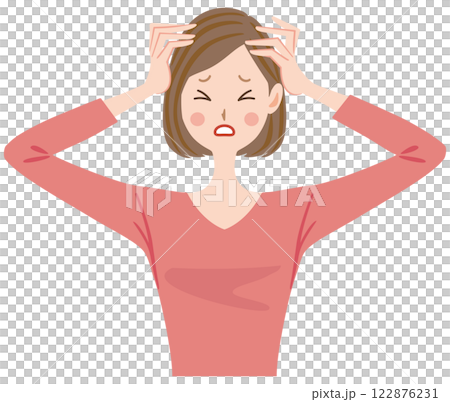 頭を抱える女性のイラスト　頭痛　パニック 122876231