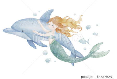 Watercolor illustration of cute Mermaid and Dolphin in pastel colors. drawing of underwater animal and fantasy character for childish greeting cards or girls nursery posters. Art for kids. 122876251