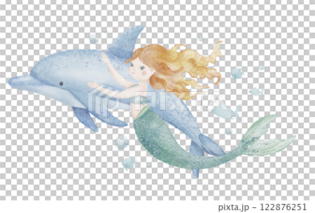 Watercolor illustration of cute Mermaid and Dolphin in pastel colors. drawing of underwater animal and fantasy character for childish greeting cards or girls nursery posters. Art for kids. 122876251