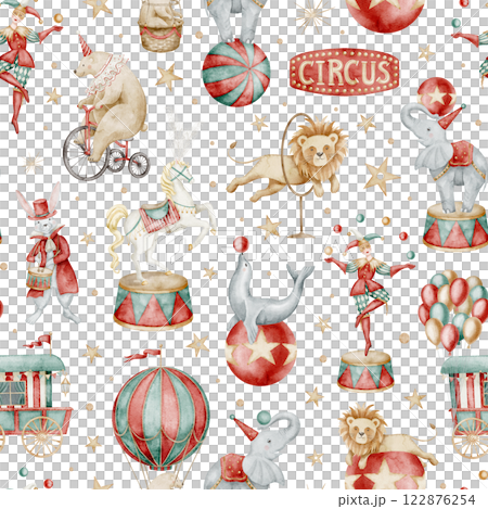 Watercolor Circus seamless Pattern with animals and carnival vintage elements. Illustration of childish background for party wrapping paper or kids nursery wallpaper. Festival backdrop for baby. Watercolor Circus seamless Pattern with animals and carnival vintage elements. Illustration of childish background for party wrapping paper or kids nursery wallpaper. Festival backdrop for baby. 122876254