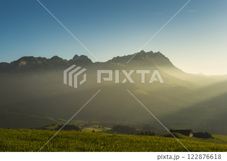 Mount Saentis in the Swiss Alps in the last light of the evening sun, Switzerland 122876618