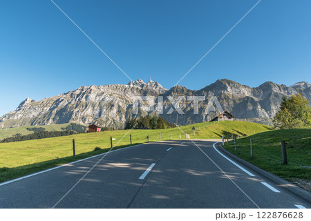 Pass road with view of Mount Saentis in the Swiss Alps, Switzerland Pass road with view of Mount Saentis in the Swiss Alps, Switzerland 122876628