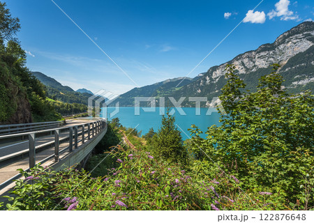 Panoramic view of Lake Walensee (Lake Walen) with scenic road in Switzerland Panoramic view of Lake Walensee (Lake Walen) with scenic road in Switzerland 122876648