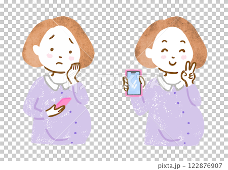 一名孕婦拿著手機的兩組臉部表情 一名孕婦拿著手機的兩組臉部表情 122876907