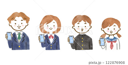 笑顔でスマホの画面をこちらに見せている、制服を着た中高生男女4人の上半身イラスト 122876908