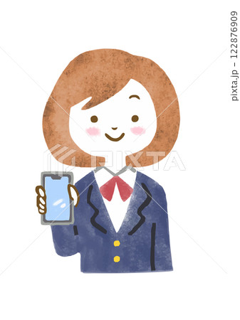 笑顔でスマホの画面をこちらに見せている、制服を着た中高生女子の上半身イラスト 122876909