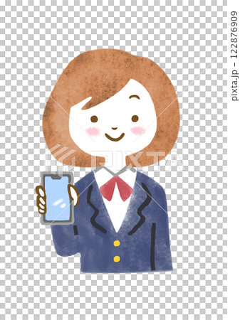 圖：一名身穿制服的高中女生的上半身，微笑著展示她的智慧型手機螢幕 122876909