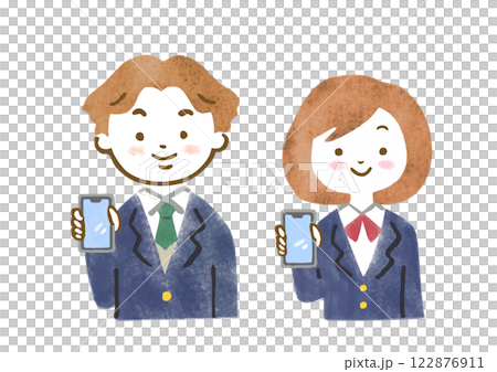 Illustration of upper body of male and female junior and senior high school students in uniforms smiling and showing the screen of their smartphone Illustration of upper body of male and female junior and senior high school students in uniforms smiling and showing the screen of their smartphone 122876911