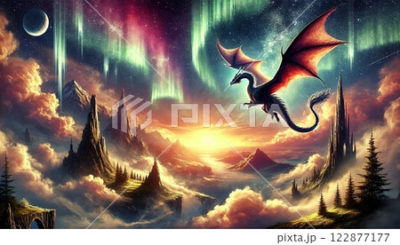 幻想的な雰囲気の中、空を飛ぶドラゴン 幻想的な雰囲気の中、空を飛ぶドラゴン 122877177