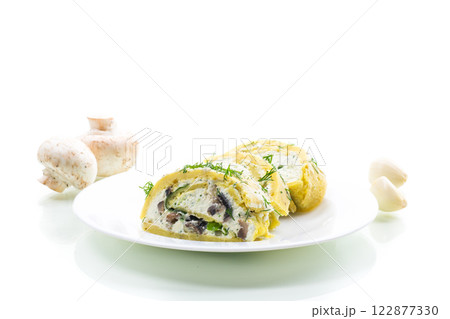 baked potato roll with cottage cheese filling with garlic and mushrooms, isolated on white background 122877330