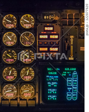 Close-up of an illuminated aircraft cockpit engine control panel at night. High quality photo 122877820