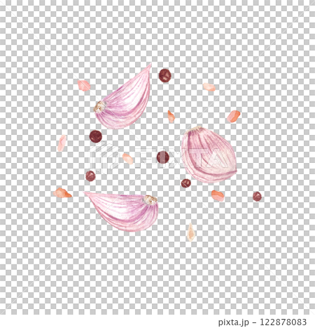 Garlic, Himalayan salt and pepper watercolor composition isolated on white background, hand drawn for food design. Spice box, restaurant and cafe menu, packaging, cards, food ads, labels decor and Garlic, Himalayan salt and pepper watercolor composition isolated on white background, hand drawn for food design. Spice box, restaurant and cafe menu, packaging, cards, food ads, labels decor and 122878083