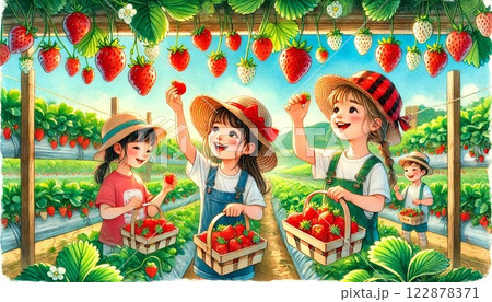 「いちご畑で大はしゃぎ♪子供と楽しむフルーツ狩り 122878371