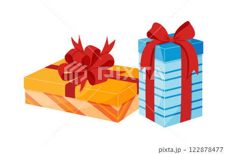 Gift boxes with red ribbon bow. Hand drawn trendy flat style isolated icon Gift boxes with red ribbon bow. Hand drawn trendy flat style isolated icon 122878477