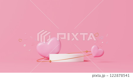 3d render, Display podium and Pink heart shaped balloons with musical notes floating on pink background 122878541
