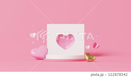 3d render, pink and gold hearts with music notes floating around white podium on pastel background 3d render, pink and gold hearts with music notes floating around white podium on pastel background 122878542