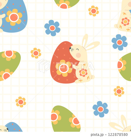 Easter Bunny Seamless pattern. Cute paschal rabbit with decorative Egg on white checkered background with flowers. Holiday Vector illustration. Kids collection 122878580