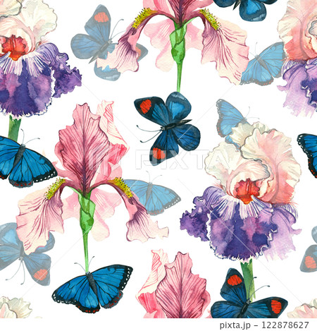 Seamless watercolor pattern. Pink and purple irises, blue bright butterflies on a white background, all objects are hand-drawn with watercolors. Suitable for printing on fabric, paper, for stationery. 122878627