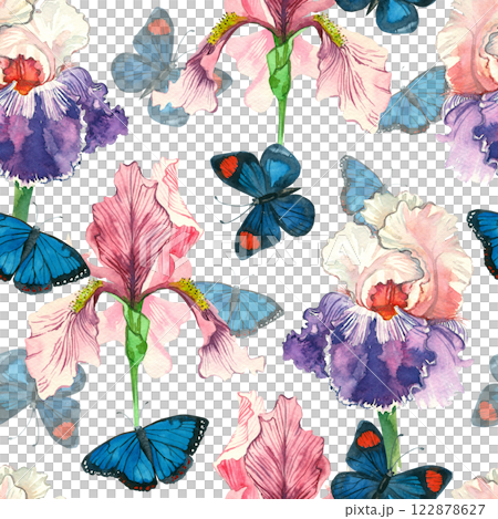 Seamless watercolor pattern. Pink and purple irises, blue bright butterflies on a white background, all objects are hand-drawn with watercolors. Suitable for printing on fabric, paper, for stationery. 122878627