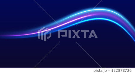 Lines in the shape of a comet against a dark background. Motion light effect for banners. Neon color glowing lines, high speed light trails effect. Purple glowing wave swirl, impulse cable lines. 122878726