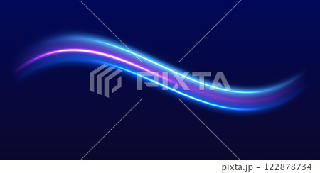 Speed police line. Laser beams, horizontal light rays. Magic shining neon light line trails. Purple glowing wave swirl, impulse cable lines. High speed effect motion blur night lights 122878734