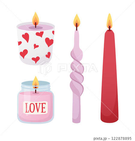 Set of candles of different shapes in cartoon flat style. Romantic pink and red candles for Valentines Day, wedding, bachelorette party, home decor. Vector illustration 122878895
