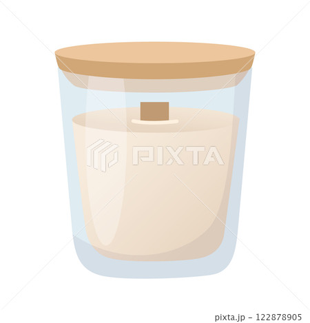 Candle in glass jar with a wooden wick in cartoon flat style. Design elements for home decor, Valentines Day, wedding, bachelorette party. Vector illustration 122878905