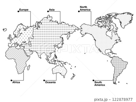 世界地図（日本中心）イラスト: 水玉模様の六大州（白黒） 122878977