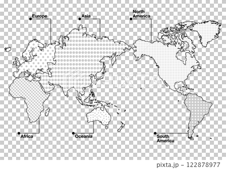 World map (Japan centered) illustration: Six continents in polka dot pattern (black and white) World map (Japan centered) illustration: Six continents in polka dot pattern (black and white) 122878977