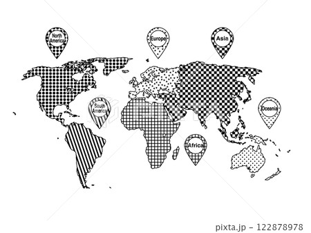 世界地図イラスト: 六大州と位置情報マーク（白黒） 122878978
