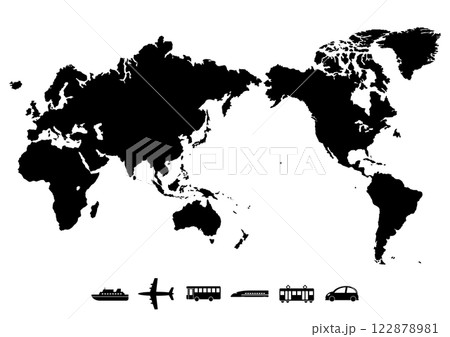 世世界地図（日本中心）と交通機関アイコンのイラスト（黒） 122878981