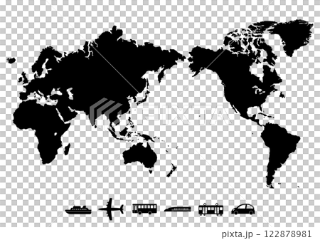 世世界地図（日本中心）と交通機関アイコンのイラスト（黒） 122878981