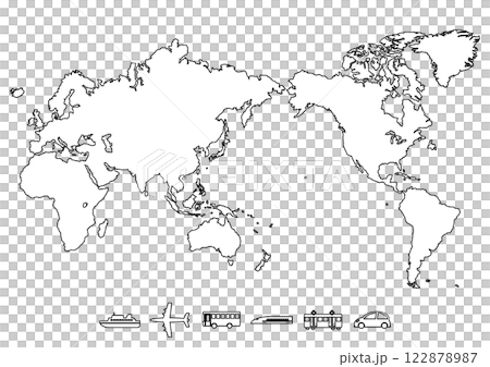 World map (Japan centered) and transportation icon illustration (black line) World map (Japan centered) and transportation icon illustration (black line) 122878987