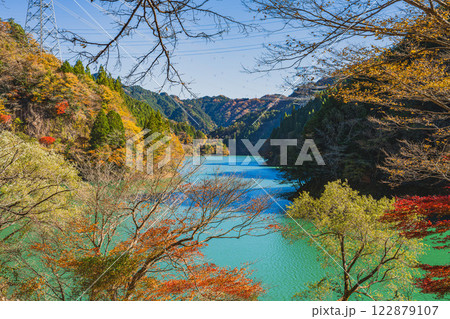 豊根村の新豊根ダムのみどり湖の紅葉の風景(愛知県) 122879107