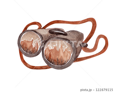 Binoculars. The lenses reflect the forest fire. Watercolor isolated illustration Binoculars. The lenses reflect the forest fire. Watercolor isolated illustration 122879115