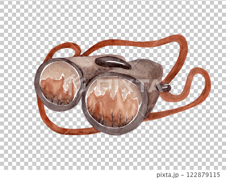 Binoculars. The lenses reflect the forest fire. Watercolor isolated illustration Binoculars. The lenses reflect the forest fire. Watercolor isolated illustration 122879115